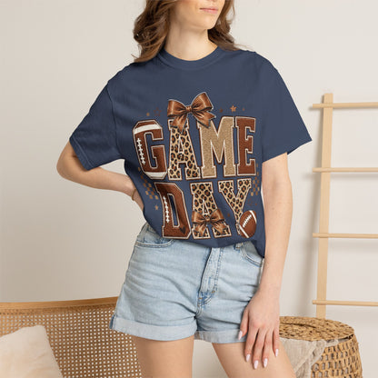 Game Day T-Shirt — Leopard Print Football Tee with Bow