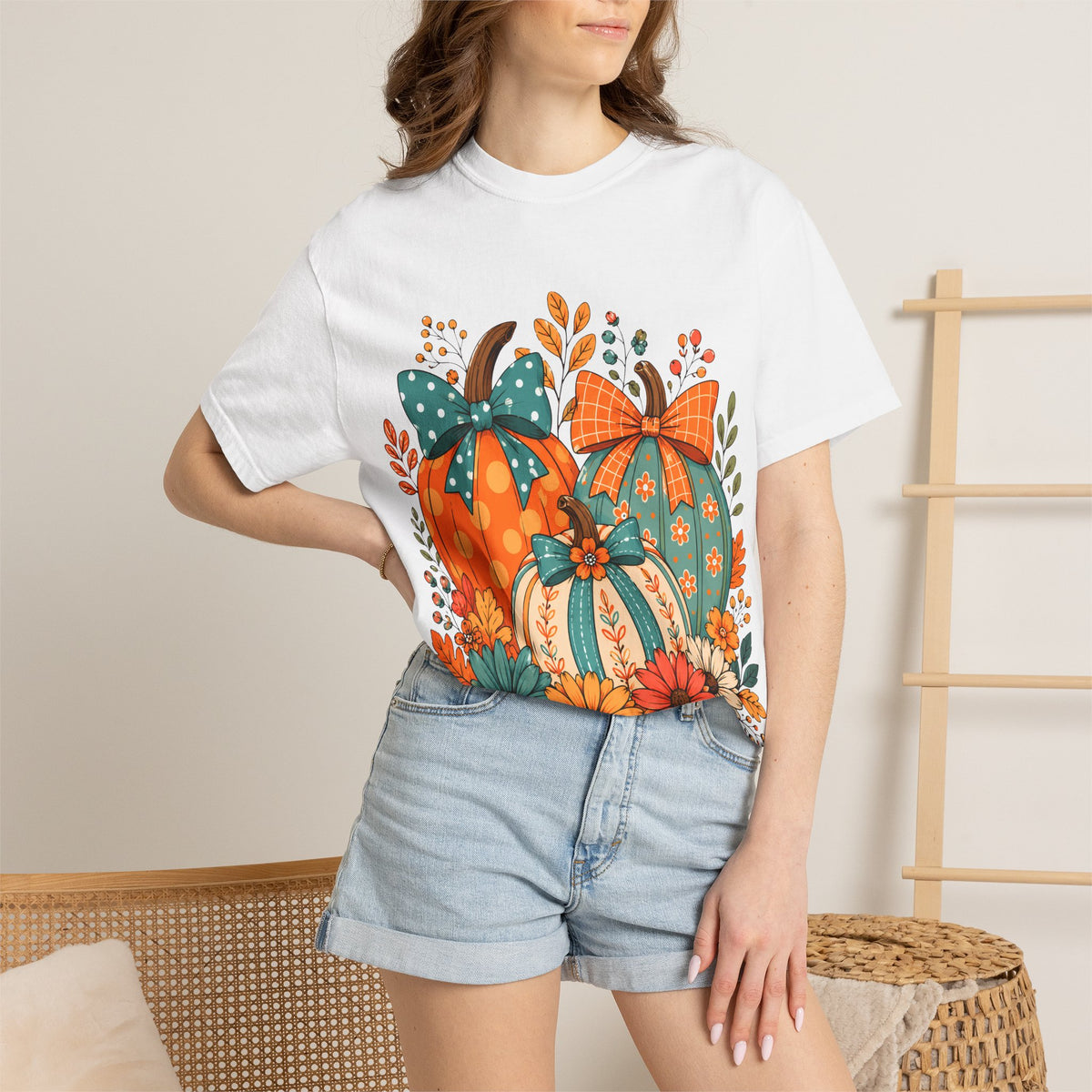 Autumn Floral Pumpkins T-Shirt — Fall Harvest Graphic Tee