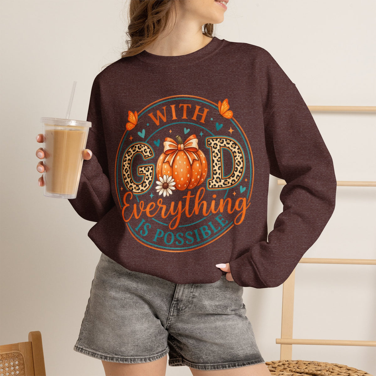 Christian Fall Sweatshirt - "With God Everything Is Possible" Pumpkin Crewneck