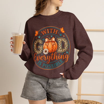 Christian Fall Sweatshirt - "With God Everything Is Possible" Pumpkin Crewneck