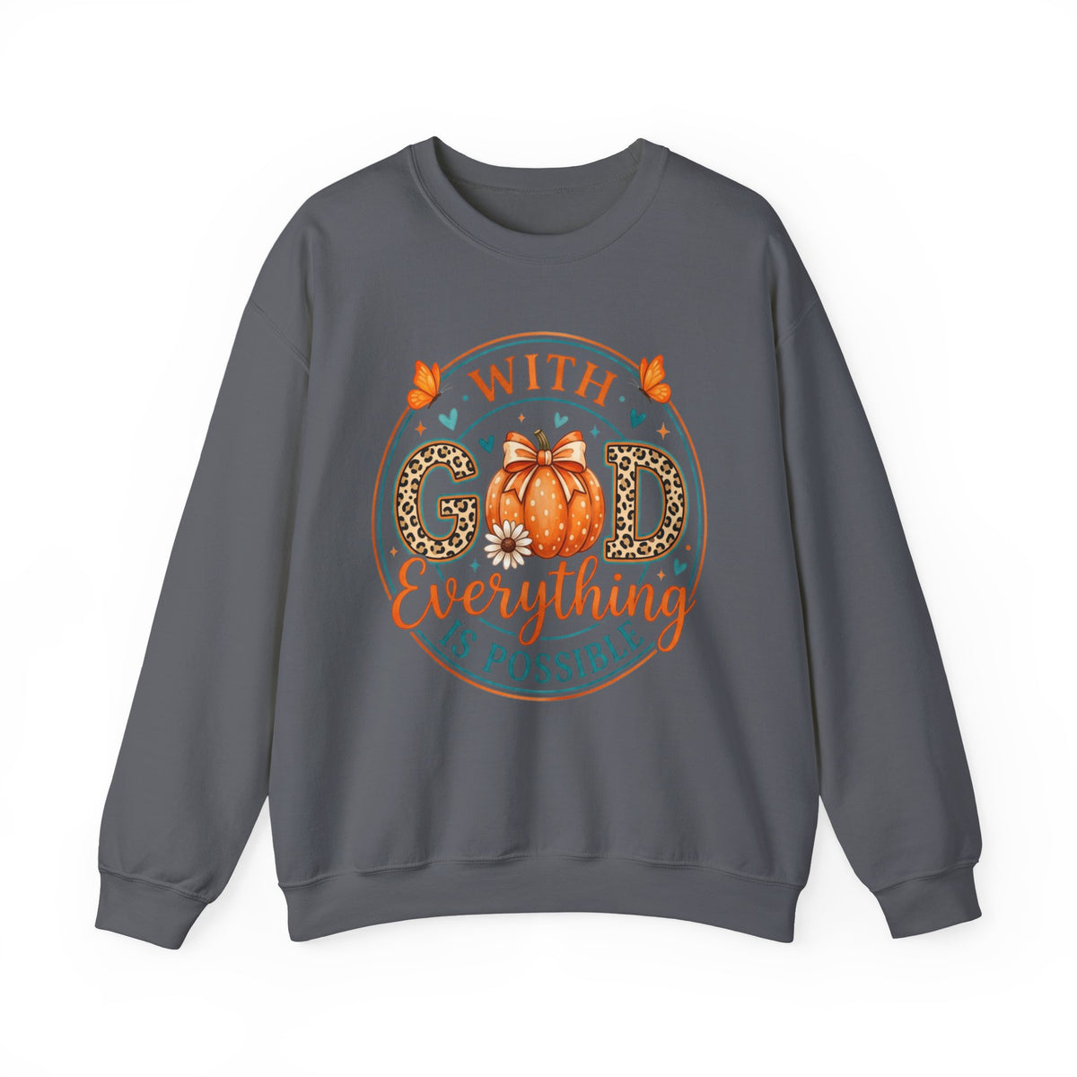 Christian Fall Sweatshirt - "With God Everything Is Possible" Pumpkin Crewneck