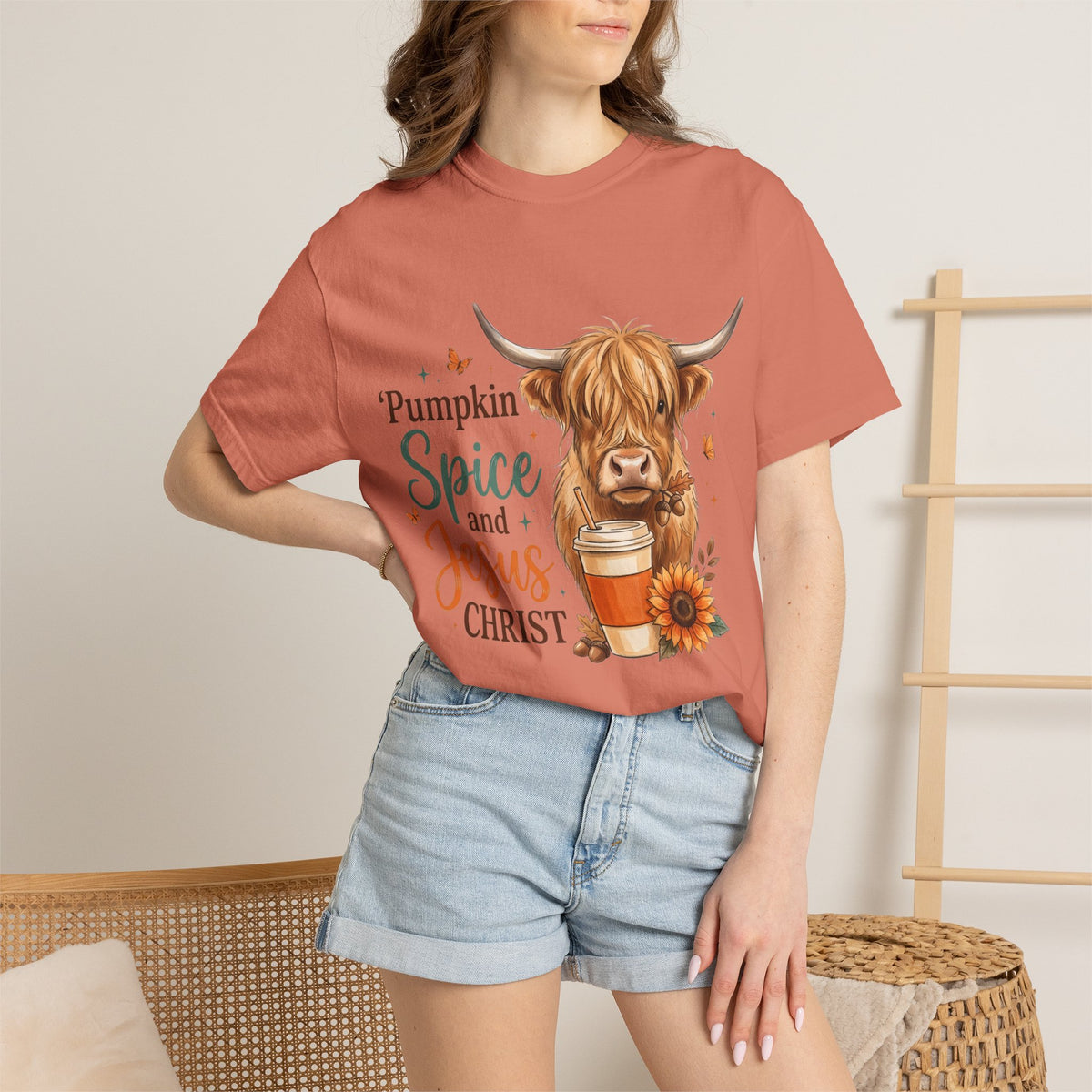Pumpkin Spice and Jesus T-Shirt — Fall Cow Coffee Graphic Tee