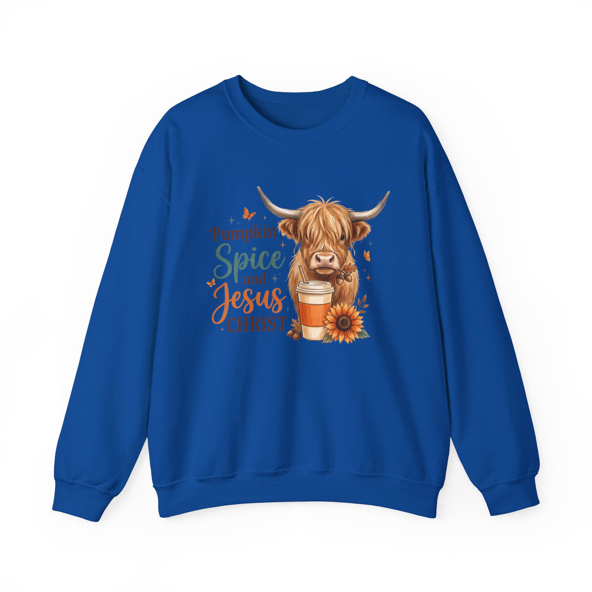 Crewneck Sweatshirt — Pumpkin Spice and Jesus Christ Highland Cow Fall Graphic