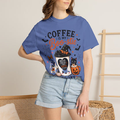 Coffee Is My Boo-stie Halloween Tee — Spooky But Caffeinated Cat & Pumpkin Design