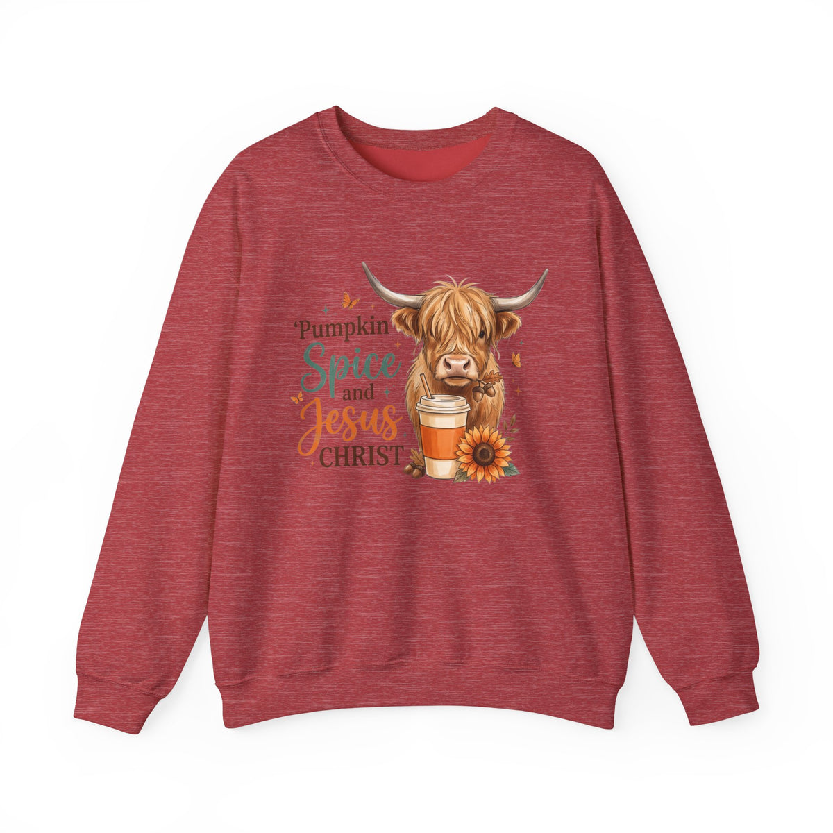 Crewneck Sweatshirt — Pumpkin Spice and Jesus Christ Highland Cow Fall Graphic