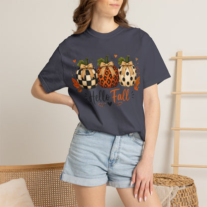 Hello Fall Pumpkin T-Shirt — Rustic Buffalo Check & Leopard Pumpkins, Autumn Graphic Tee