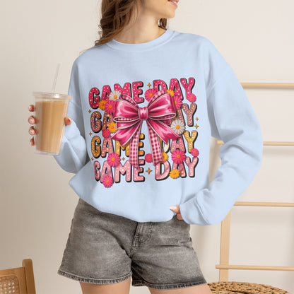 Game Day Bow Sweatshirt — Pink Cheer Graphic Crewneck