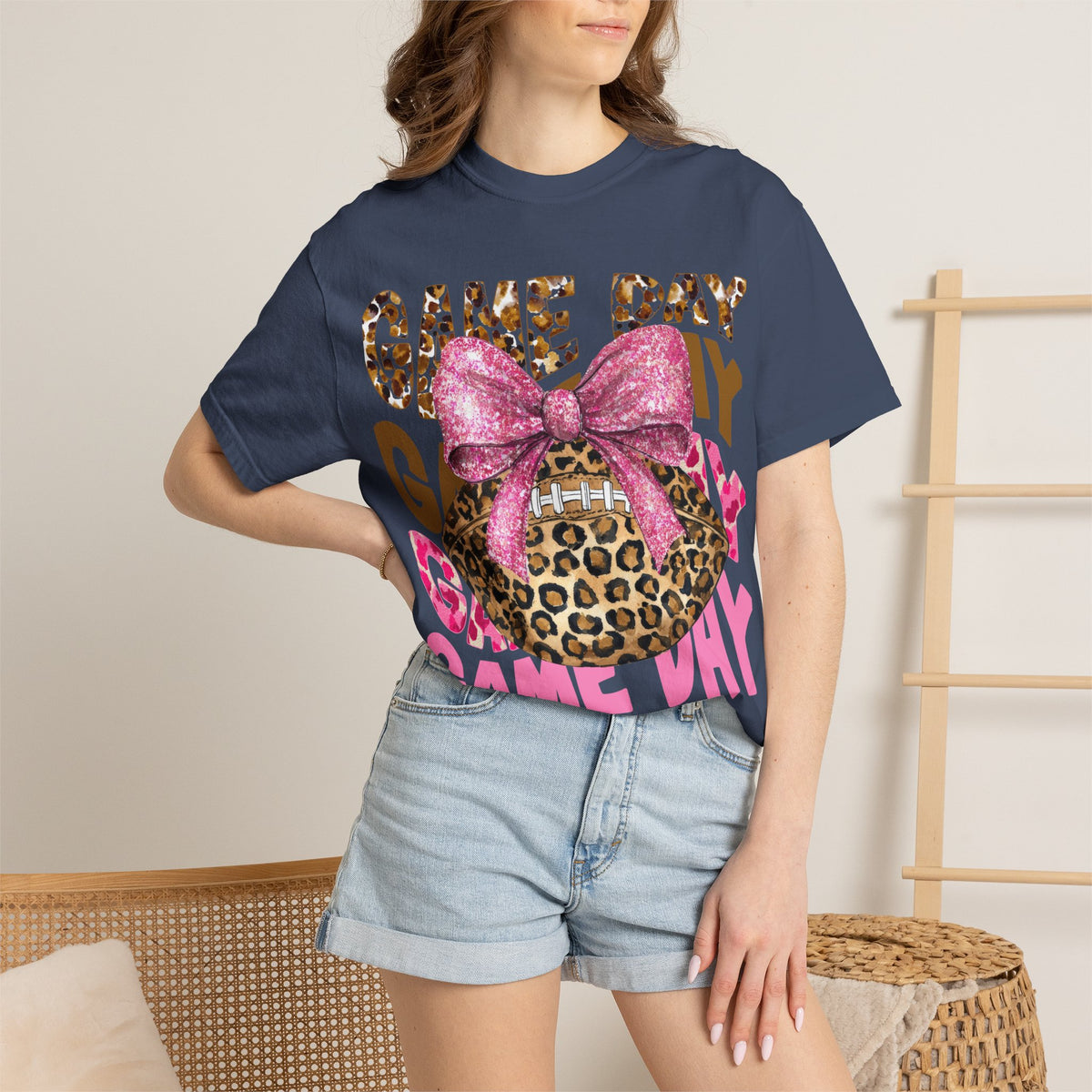 Game Day Leopard Football T-Shirt with Pink Glitter Bow