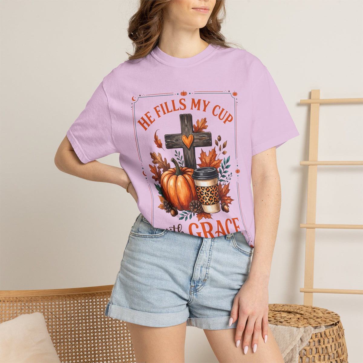 He Fills My Cup With Grace Tee — Christian Fall Pumpkin Cross Coffee Shirt