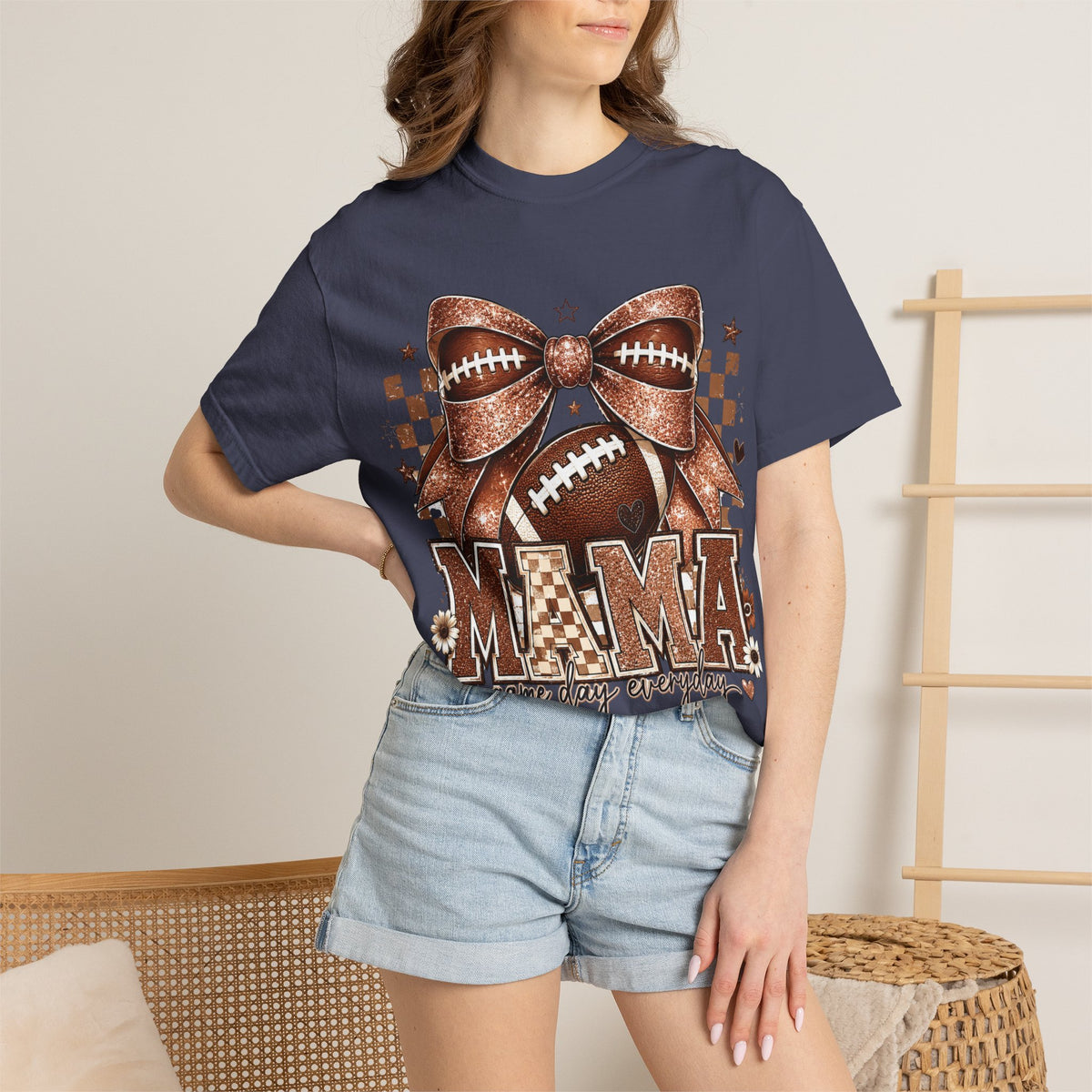 Mama Football Mom T-Shirt — "Mama" Glitter Bow Game Day Tee