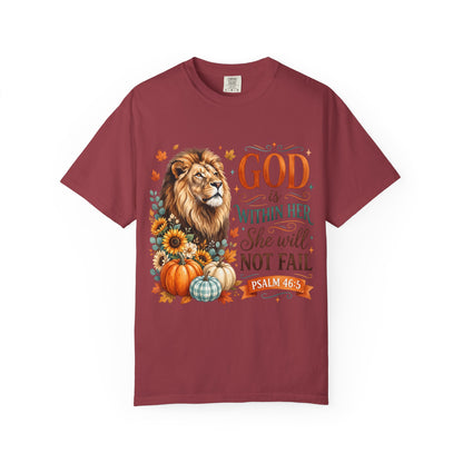 Christian Lion & Fall Pumpkins T-Shirt — "God Is Within Her She Will Not Fail" (Psalm 46:5)