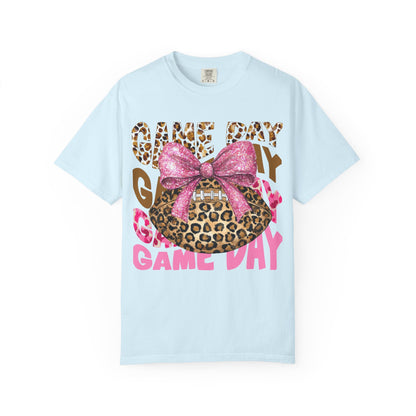 Game Day Leopard Football T-Shirt — Pink Bow Tailgate Tee for Women & Fans