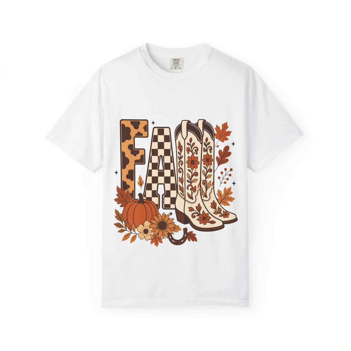 Fall Cowboy Boots T-Shirt — Pumpkin, Leaves & Floral Autumn Graphic Tee