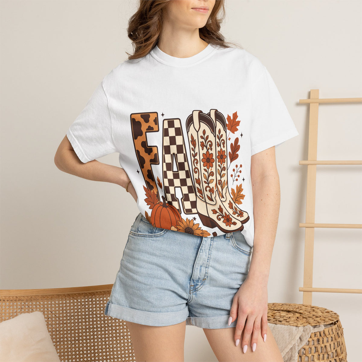 Fall Cowboy Boots T-Shirt — Pumpkin, Leaves & Floral Autumn Graphic Tee