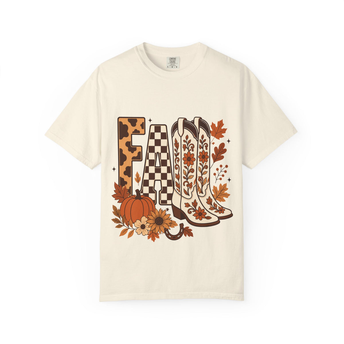 Fall Cowboy Boots T-Shirt — Pumpkin, Leaves & Floral Autumn Graphic Tee