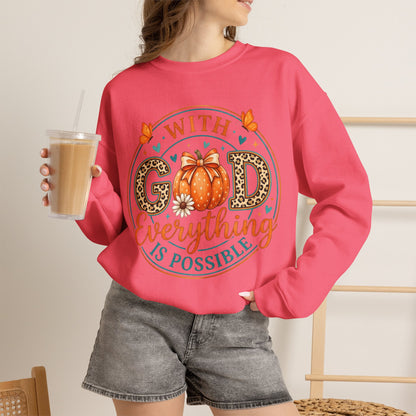 Christian Fall Sweatshirt - "With God Everything Is Possible" Pumpkin Crewneck