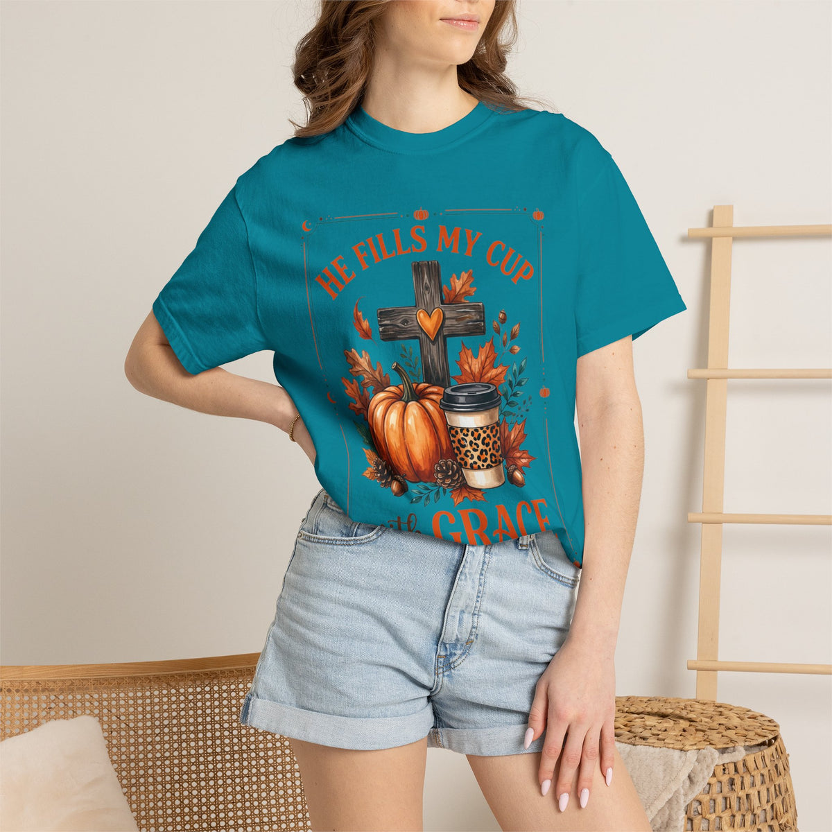 He Fills My Cup With Grace Tee — Christian Fall Pumpkin Cross Coffee Shirt