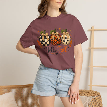 Hello Fall Pumpkin T-Shirt — Rustic Buffalo Check & Leopard Pumpkins, Autumn Graphic Tee