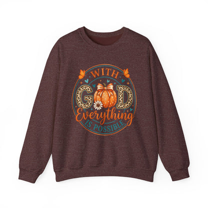 Christian Fall Sweatshirt - "With God Everything Is Possible" Pumpkin Crewneck