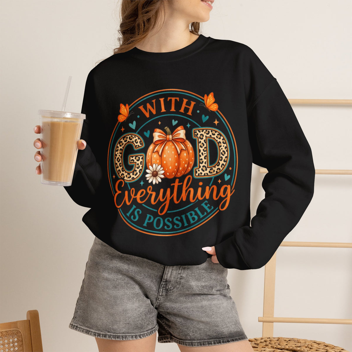 Christian Fall Sweatshirt - "With God Everything Is Possible" Pumpkin Crewneck