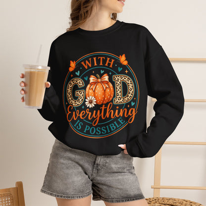 Christian Fall Sweatshirt - "With God Everything Is Possible" Pumpkin Crewneck