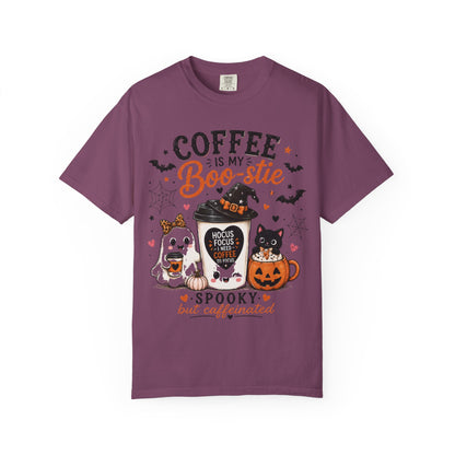 Coffee Is My Boo-stie Halloween Tee — Spooky But Caffeinated Cat & Pumpkin Design
