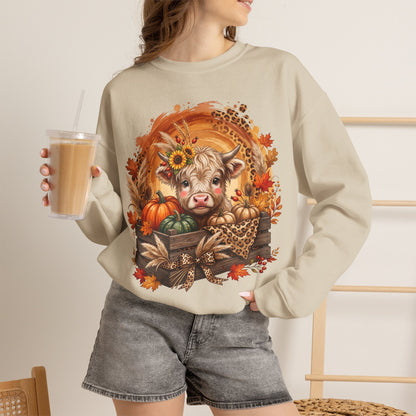 Fall Cow Crewneck Sweatshirt — Autumn Harvest Pumpkins & Sunflower Graphic