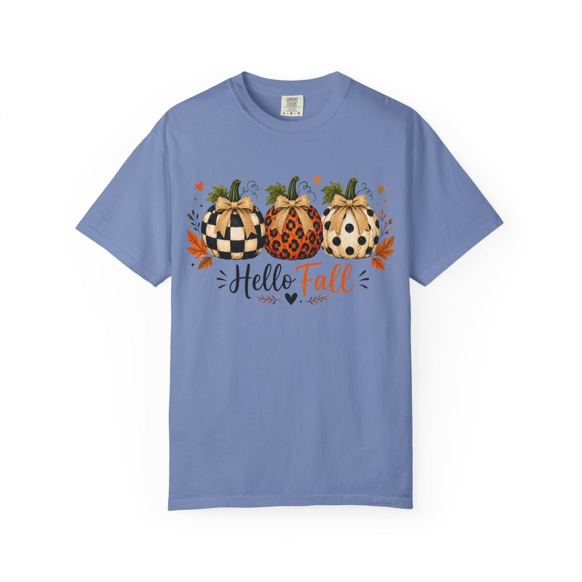 Hello Fall Pumpkin T-Shirt — Rustic Buffalo Check & Leopard Pumpkins, Autumn Graphic Tee