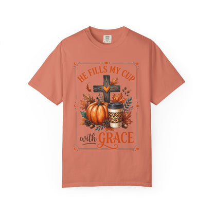 He Fills My Cup With Grace Tee — Christian Fall Pumpkin Cross Coffee Shirt