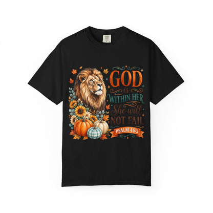 Christian Lion & Fall Pumpkins T-Shirt — "God Is Within Her She Will Not Fail" (Psalm 46:5)