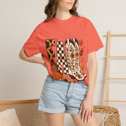 Fall Cowboy Boots T-Shirt — Pumpkin, Leaves & Floral Autumn Graphic Tee