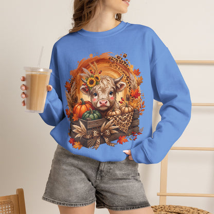 Fall Cow Crewneck Sweatshirt — Autumn Harvest Pumpkins & Sunflower Graphic