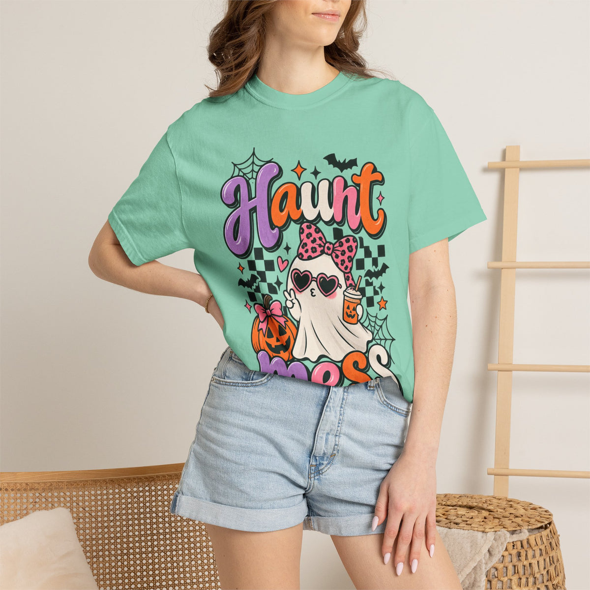Haunt Mess Halloween T-Shirt — Cute Ghost, Pumpkin & Candy Design