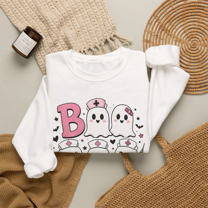 Boo Crew Sweatshirt — Cute Pink Ghost Nurse Halloween Crewneck