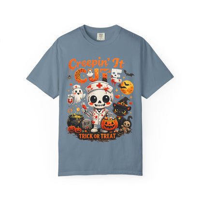 Creepin' It Cute Halloween T-Shirt — Trick or Treat Skeleton & Black Cat Tee