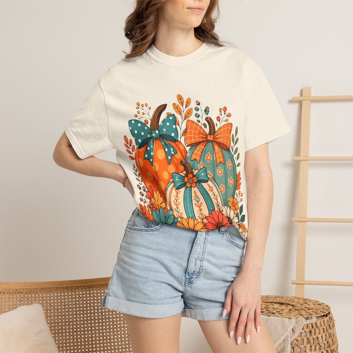 Autumn Floral Pumpkins T-Shirt — Fall Harvest Graphic Tee