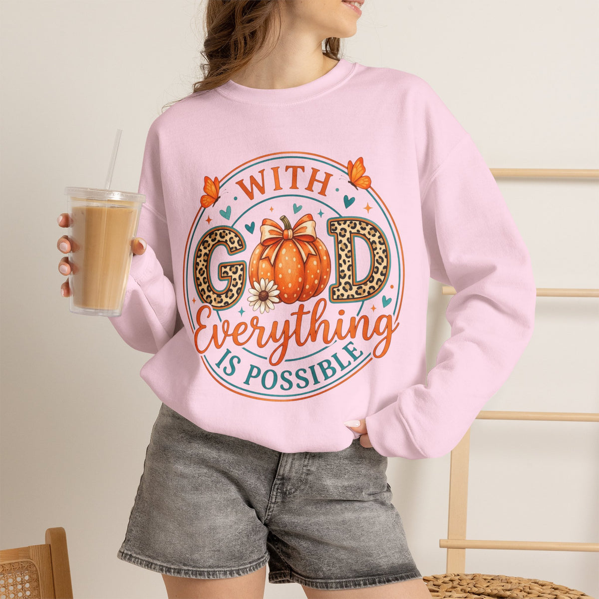 Christian Fall Sweatshirt - "With God Everything Is Possible" Pumpkin Crewneck
