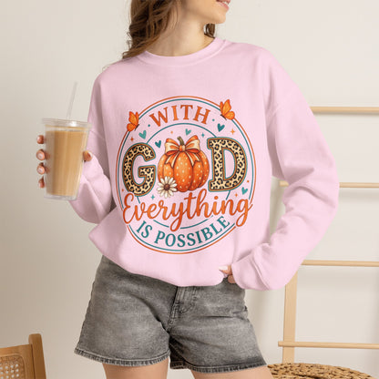 Christian Fall Sweatshirt - "With God Everything Is Possible" Pumpkin Crewneck