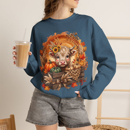 Fall Cow Crewneck Sweatshirt — Autumn Harvest Pumpkins & Sunflower Graphic
