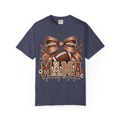 Mama Football Mom T-Shirt — "Mama" Glitter Bow Game Day Tee
