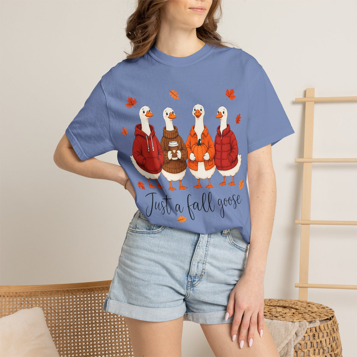 Fall Geese Tee – “Just a Fall Goose” Cute Autumn Goose Graphic T-Shirt