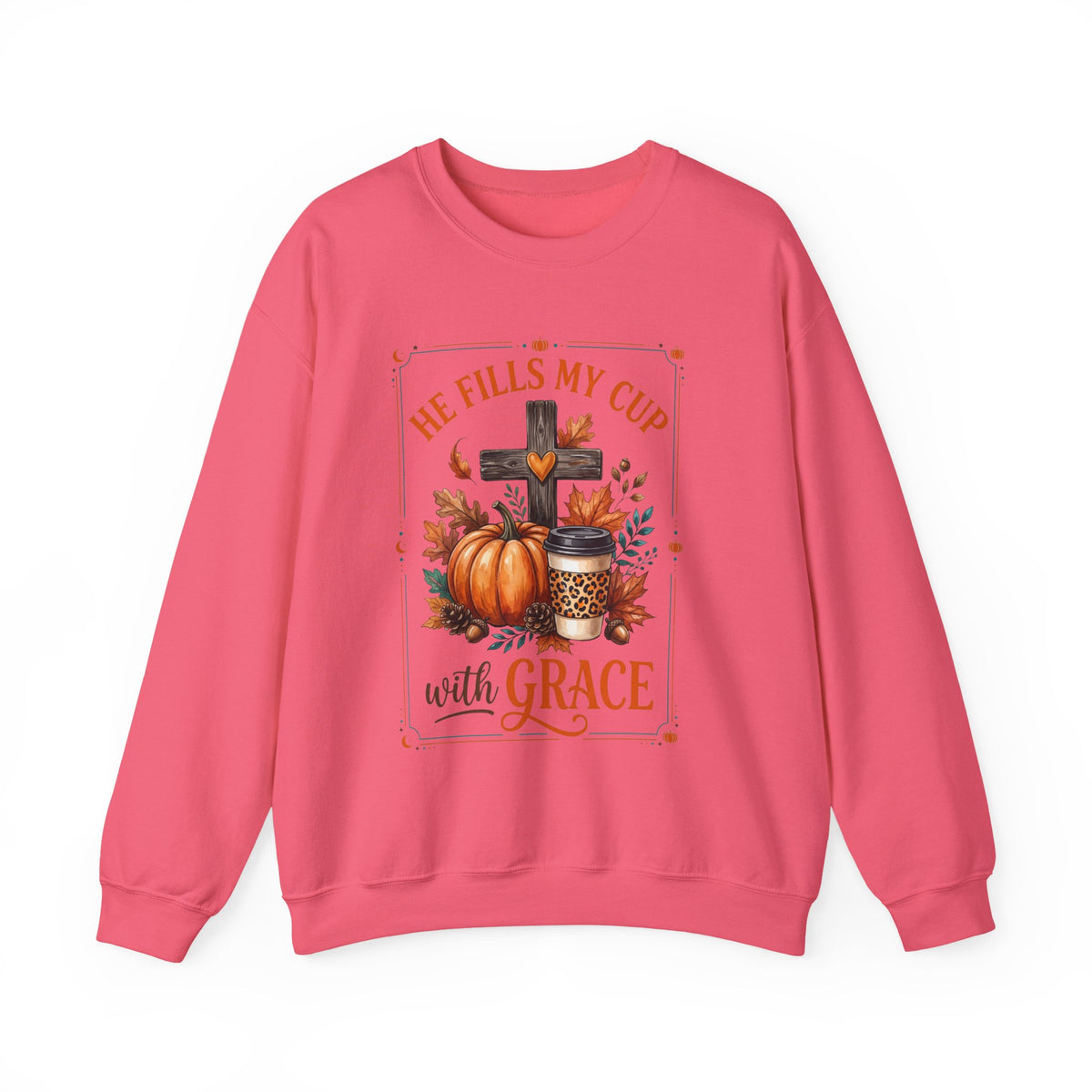 Grace-Filled Autumn Sweatshirt — "He Fills My Cup with Grace" Fall Christian Crewneck