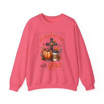 Grace-Filled Autumn Sweatshirt — "He Fills My Cup with Grace" Fall Christian Crewneck