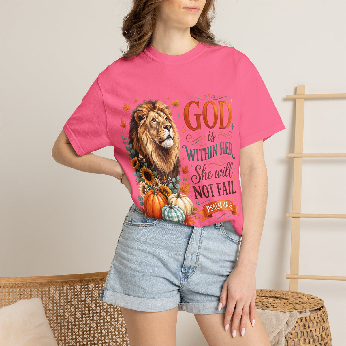 Christian Lion & Fall Pumpkins T-Shirt — "God Is Within Her She Will Not Fail" (Psalm 46:5)