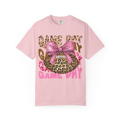 Game Day Leopard Football T-Shirt — Pink Bow Tailgate Tee for Women & Fans