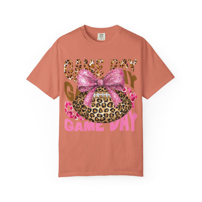 Game Day Leopard Football T-Shirt — Pink Bow Tailgate Tee for Women & Fans