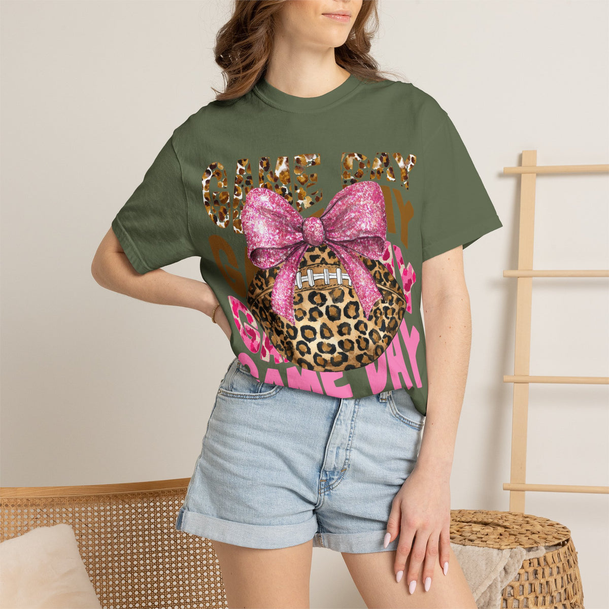 Game Day Leopard Football T-Shirt with Pink Glitter Bow