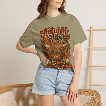 Autumn Vibes Highland Cow T-Shirt — Cute Fall Pumpkin Plaid Tee