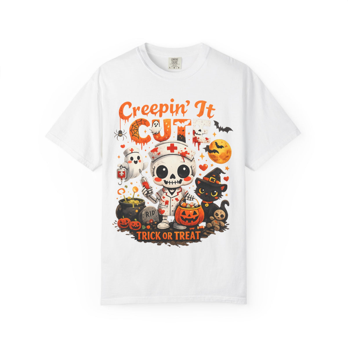 Creepin' It Cute Halloween T-Shirt — Trick or Treat Skeleton & Black Cat Tee
