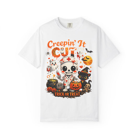 Creepin' It Cute Halloween T-Shirt — Trick or Treat Skeleton & Black Cat Tee